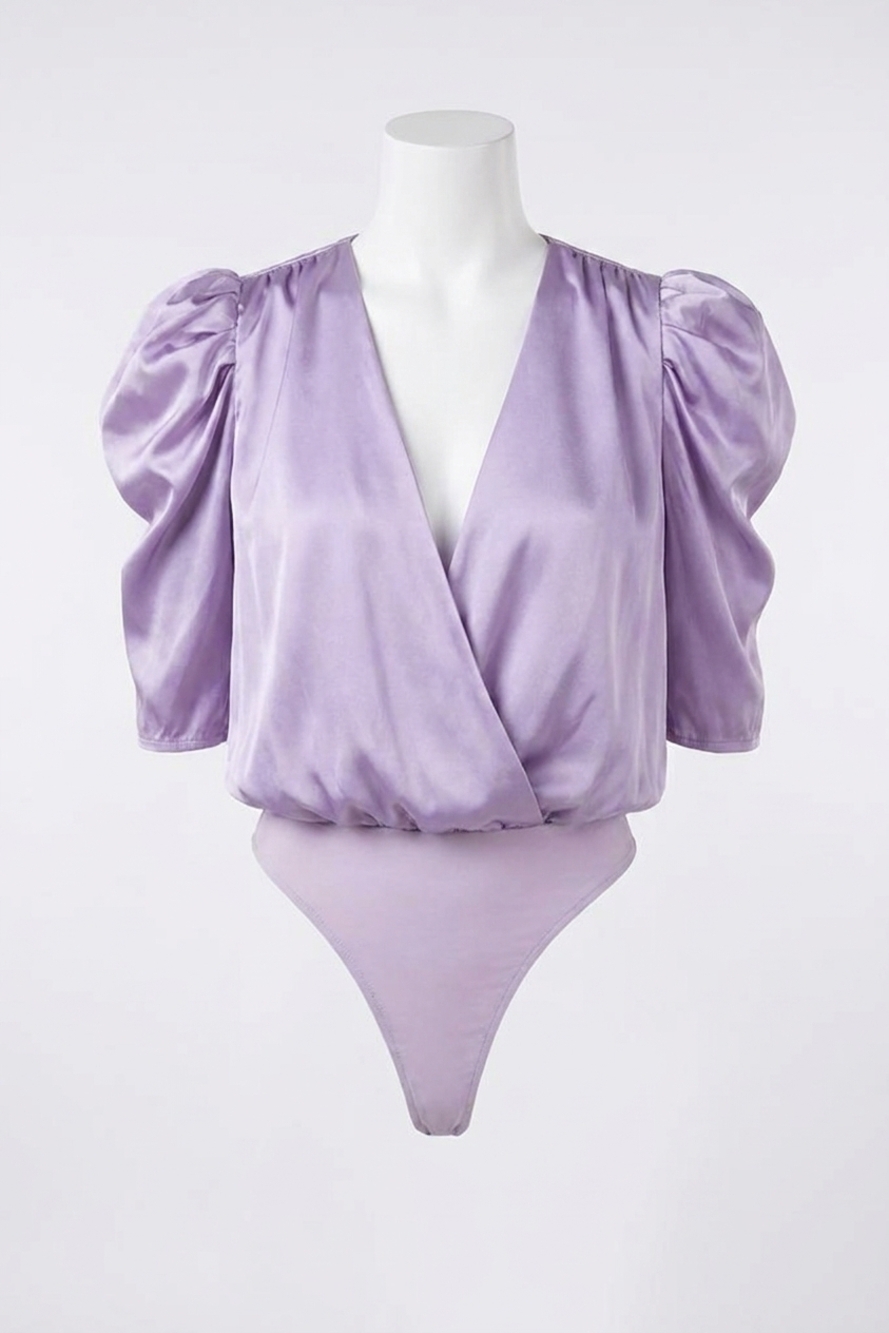 NEW ADELYN RAE lila wrap-effect sateen bodysuit in lilac
